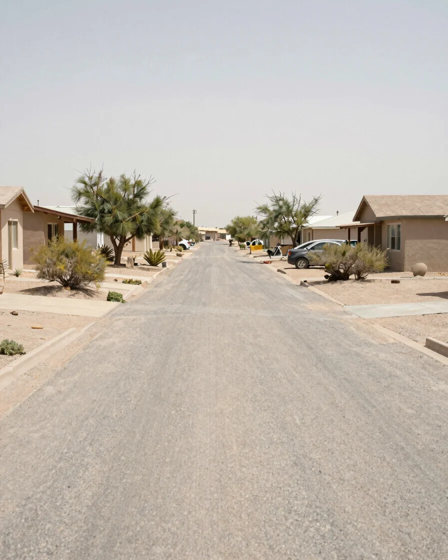 Quiet residential street in a desert community at soft natural daylight, low shrubs and simple single-story homes, restr