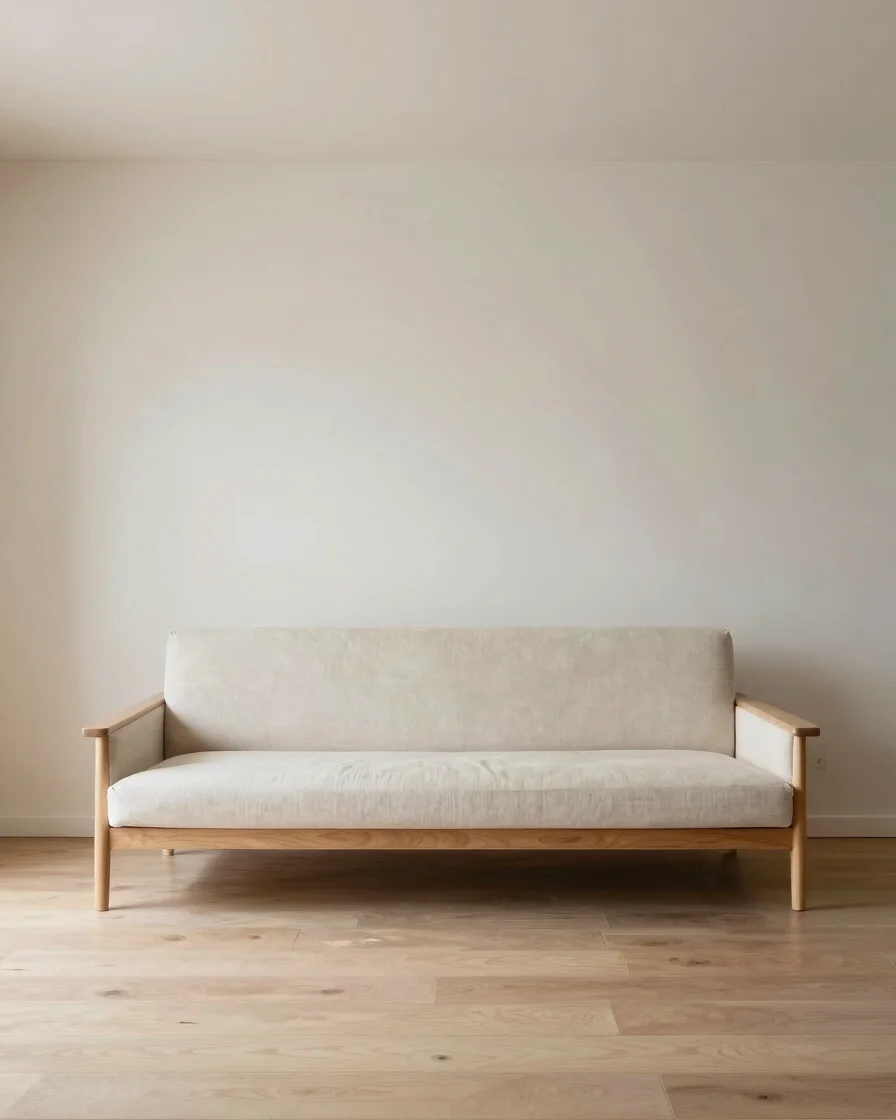 Restrained editorial photograph of a bright, uncluttered living room in soft neutral daylight, natural wood and warm ear