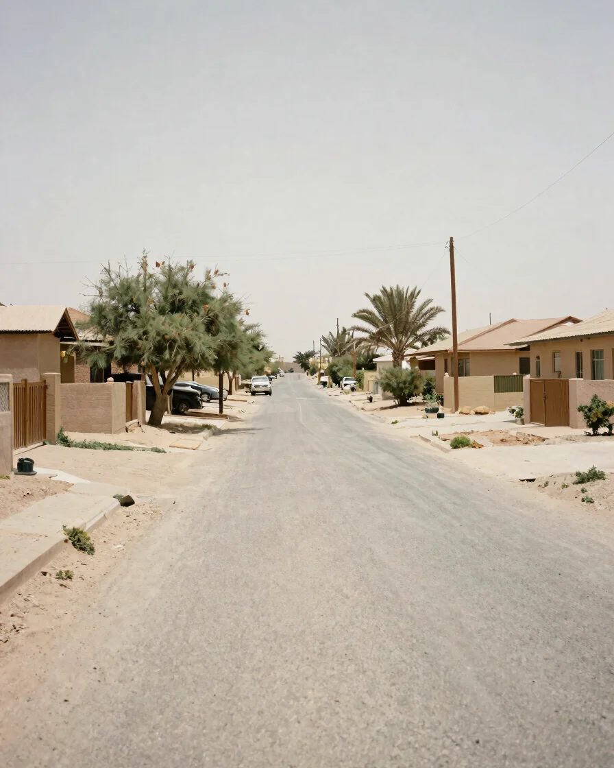 About Cindi Restrained editorial photograph of a quiet residential street in a desert community, soft neutral daylight, low-saturati