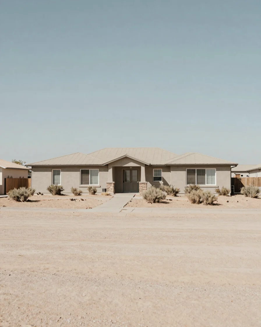Wide, quiet desert residential landscape at soft natural daylight